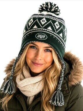 NEW YORK JETS Hat Peruvian Beanie Knit Pom Cap Ear Flap Embroidered Logo